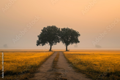 SERENE PATHWAY PEACE ETERNAL NATURE HARMONY. Two trees standing by a winding path at dawn, symbolizing companionship, growth, and the quiet journey toward new beginnings.
