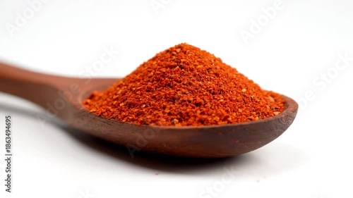 Red Chili Powder Spice in Wooden Spoon Close Up