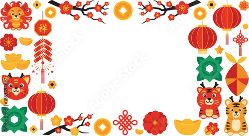 Vibrant Frame Illustration for Lunar New Year Featuring Adorable Tigers, Traditional Lanterns, Blossoms, and Prosperity Symbols