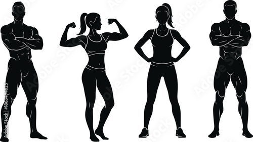 Fitness silhouette illustration of muscular men and women posing strong body shapes representing bodybuilding, strength training, exercise, gym, health motivation