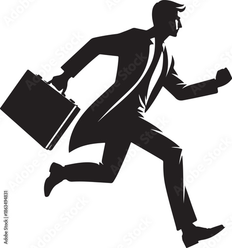 A dynamic black silhouette vector illustration of a male employee in a suit and tie, rushing with a briefcase, symbolizing urgency and ambition.