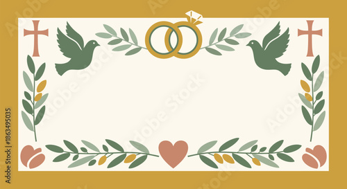 Celebratory Wedding Frame Illustration Featuring Symbolic Doves, Rings, and Crosses with Olive Branches for Invitations