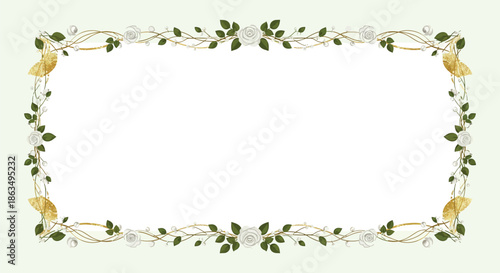 Elegant Floral Frame with White Roses, Golden Branches, and Butterflies for Festive Occasions and Invitations