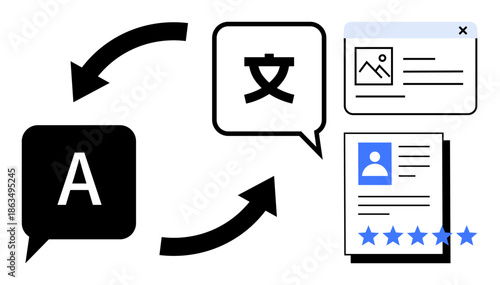 Language translation symbols connecting text, user profiles, reviews, and content interfaces. Ideal for global communication, multilingual services, business tools, customer reviews, digital