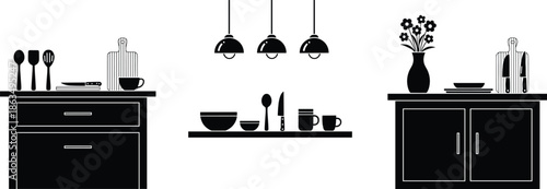 Modern kitchen interior with utensils, counters, shelves, and accessories in black silhouette style for cooking, design, and home decor.