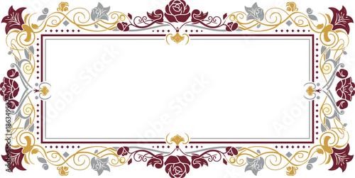 Ornate vintage style frame with gold, burgundy, and grey scrollwork and leaves, a decorative border element for design projects
