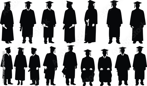 Graduation silhouette vector of students in cap and gown, holding diplomas, standing and seated, black and white illustration set