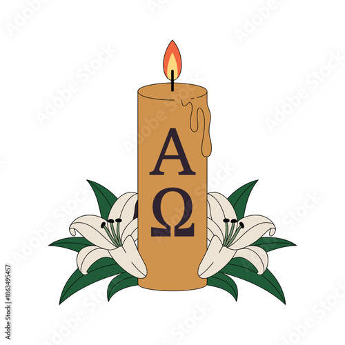 Alpha Omega sorority candle with white lilies Greek letters vector illustration isolated on white background.