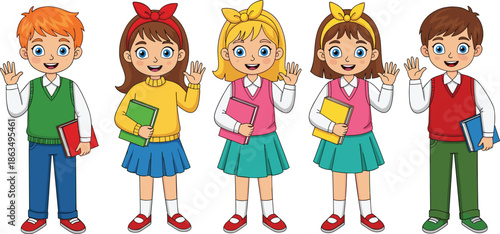 Group of cartoon school children smiling and waving with books, educational vector for classroom, learning, diversity, and academic themes