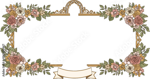 Ornate Illustration of a Vintage Floral Frame with Roses and Pearl Accents, Ideal for Elegant Celebration Designs.