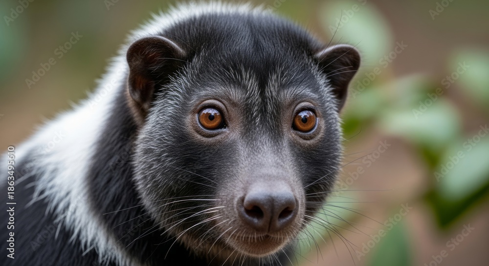 Fototapeta premium Indri lemur standing upright in a rainforest tree, with striking black and white fur and long limbs. The largest living lemur, known for its loud calls and arboreal life.