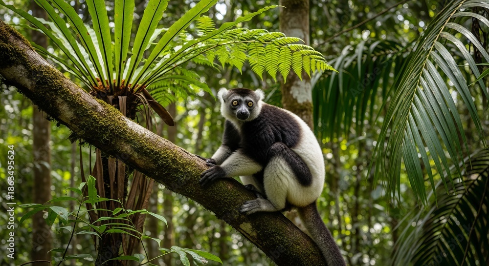 Fototapeta premium Indri lemur standing upright in a rainforest tree, with striking black and white fur and long limbs. The largest living lemur, known for its loud calls and arboreal life.