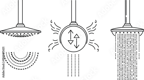 Modern Showerhead Spray Patterns with Adjustable Water Pressure and Flow Control for Bathroom Plumbing and Hygiene Vector Illustration Set