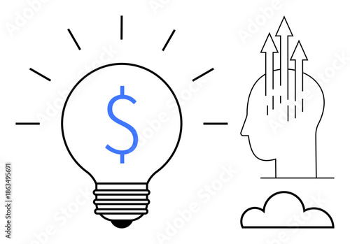 Financial innovation with a dollar sign inside a lightbulb, arrow growth visualization, and human profile. Financial concepts, money growth, and profitability message. Ideal for finance, business