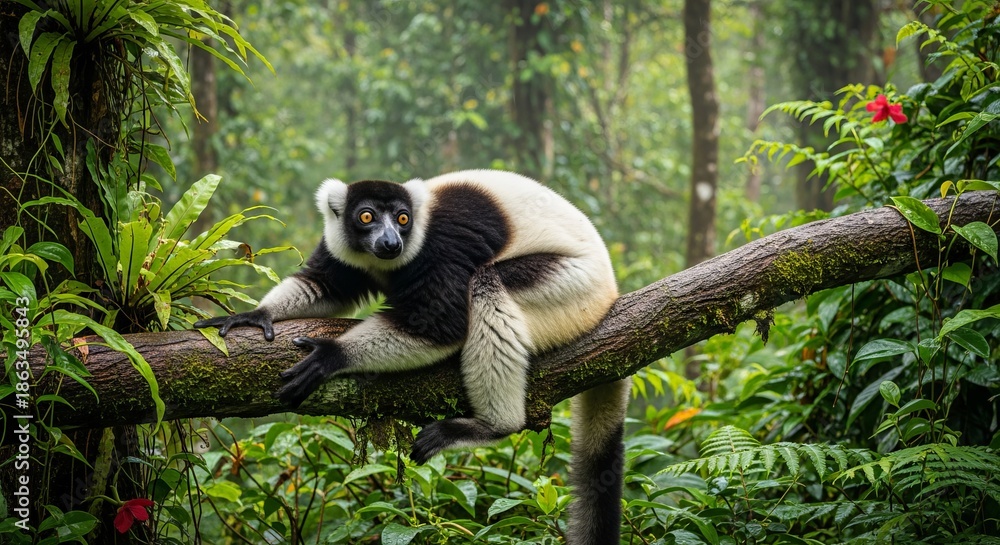 Fototapeta premium Indri lemur standing upright in a rainforest tree, with striking black and white fur and long limbs. The largest living lemur, known for its loud calls and arboreal life.