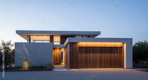 Elegant Modern House Exterior at Dusk with Warm Integrated Lighting, Featuring Minimalist Design, Wooden Accents, and Serene Landscaping