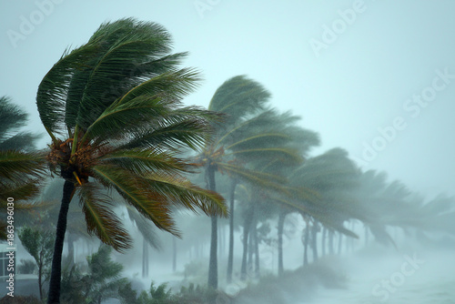 STORM POWER NATURE FORCE RESILIENT TROPICAL WEATHER IMPACT. Palm trees bending under fierce winds and rain, symbolizing the raw, unyielding power of nature and the strength found in flexibility.