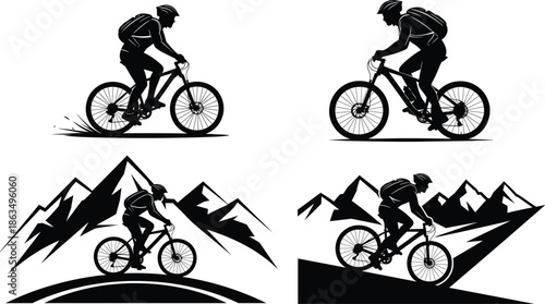 Mountain biking silhouette set showing uphill, downhill, flat terrain cycling action with motion lines and outdoor adventure sport concept.