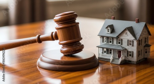 Wooden Gavel and Model House: Symbolizing Property Law, Justice, and Real Estate Decisions