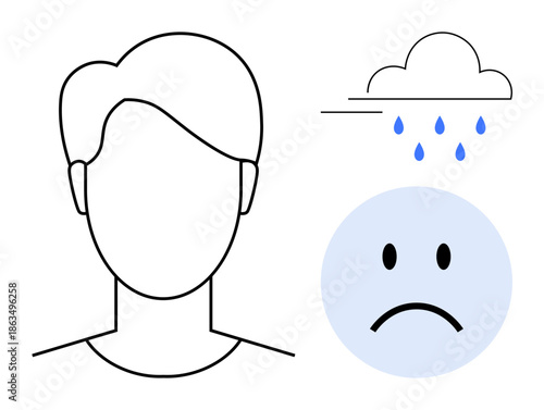 Mental health concept. Mental health symbolized by sad face icon, emotional expression, and rainy cloud. Mental health awareness, emotional health, and stress management. Ideal for psychological
