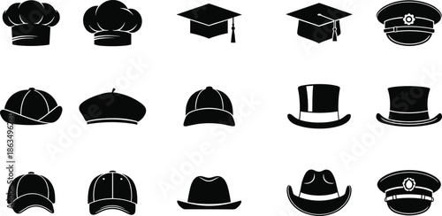 Hat silhouette vector illustration set featuring chef, cowboy, police, graduation, baseball, beret, fedora, top hat for fashion design