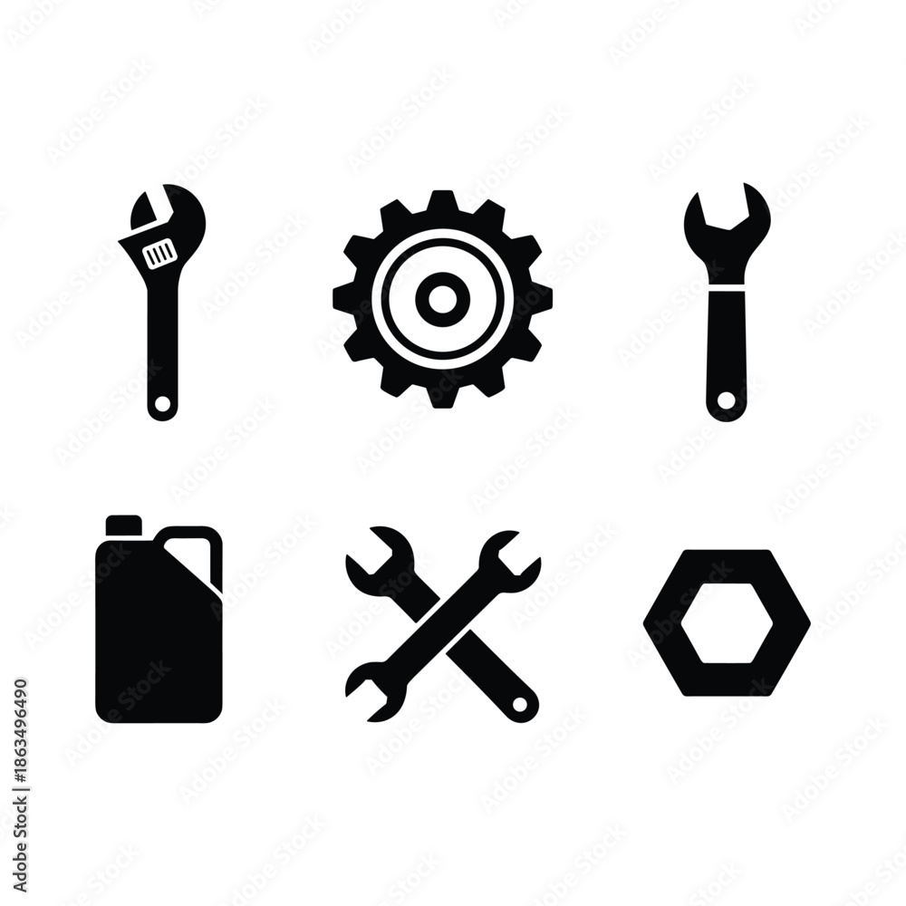 Obraz premium Black and white of tools and machine parts wrench gear oil can silhouettes vector illustration isolated on white background.