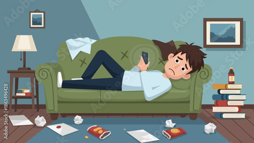 Relaxed man napping on a couch amid scattered papers and books in a cozy living room.