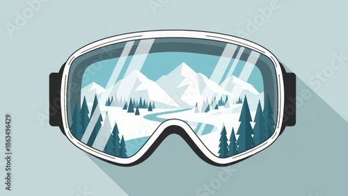 Snowy mountain landscape reflected in ski goggles illustration.