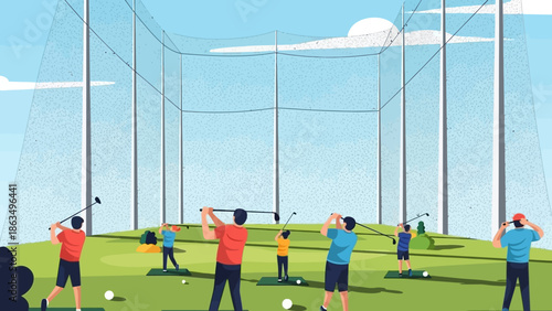 Group of players practicing baseball in an outdoor fenced practice cage with teammates.