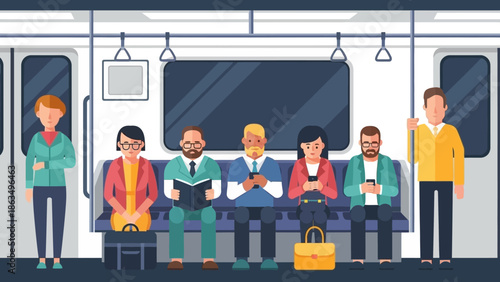 Diverse Group of Passengers Riding a Subway Car During a Daily Commute.