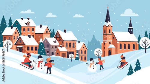 Snowy mountain village winter scene with church, cabins, and skiers.