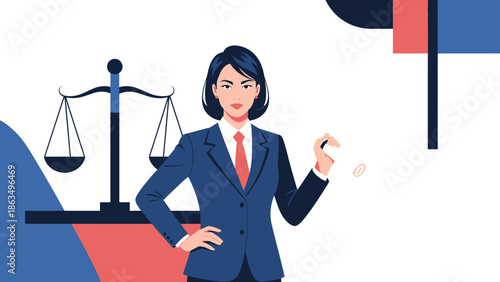 Professional woman standing beside scales of justice symbolizing law and advocacy in business.