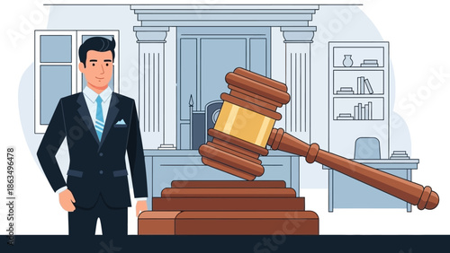 Professional courtroom scene with judge, gavel, and legal proceedings.