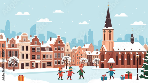 Snowy European City Scene With Church Steeple and Bustling Winter Streets.