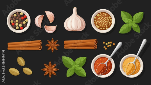 Assorted spices and herbs arranged on a dark background for cooking and flavor.