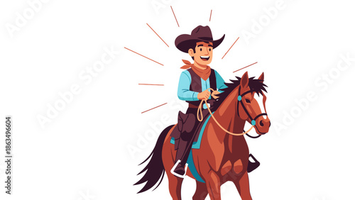 Playful cowboy rider on a brown horse in a colorful cartoon illustration.