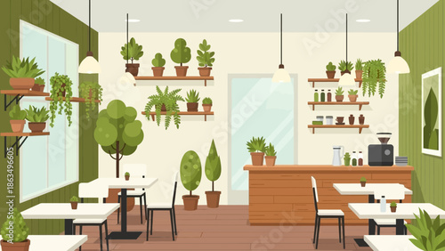 Bright plant-filled cafe interior with wooden furniture and shelves.
