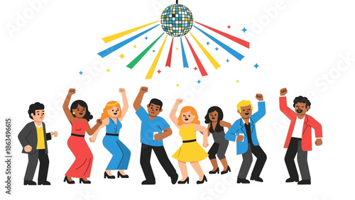 Group of diverse people dancing together at a colorful celebratory party.
