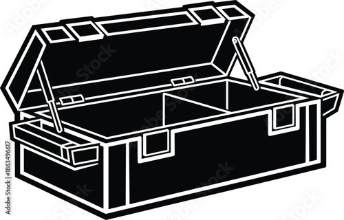 Open toolbox vector illustration with compartments, gas struts, reinforced edges, black silhouette style for mechanical storage and organization