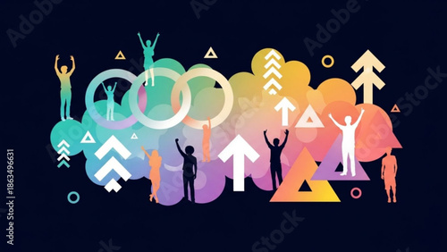 A colorful illustration of people celebrating success with arrows and geometric shapes rising