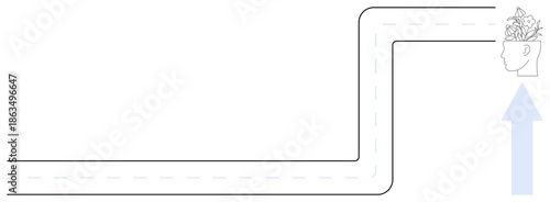 Road with sharp turn pointing towards a human head filled with flowers and upward arrow. Ideal for personal growth, creativity, self-discovery, change, innovation, progress, motivation. Simple flat