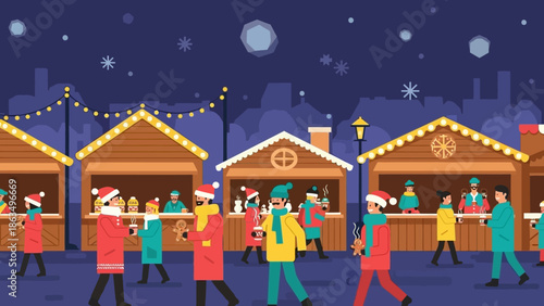 Vibrant night market scene with colorful stalls and bustling shoppers at festive urban marketplace.