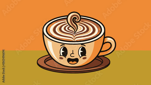 Playful cartoon coffee cup with smiling face and latte art on a saucer.