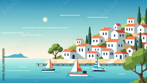 Colorful seaside village by the blue coast with boats and tranquil water scene.
