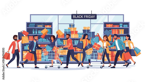 Busy Black Friday shoppers crowd a store during a crowded promotional sale event.