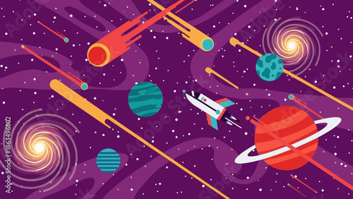 Vibrant space scene featuring rockets, planets, comets and swirling galaxies in a colorful cosmic display.