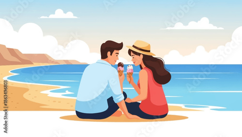 Couple enjoying a sunny beach moment by the sea together and smiling at the horizon.