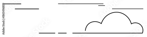 Cloud with curved outline and horizontal lines representing wind or speed. Ideal for weather, connection, simplicity, innovation, technology, networking, flow, simple flat metaphor