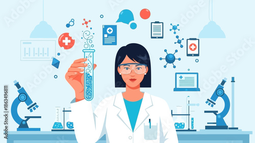 Portrait of a female scientist in a state-of-the-art laboratory conducting experiments with modern equipment.