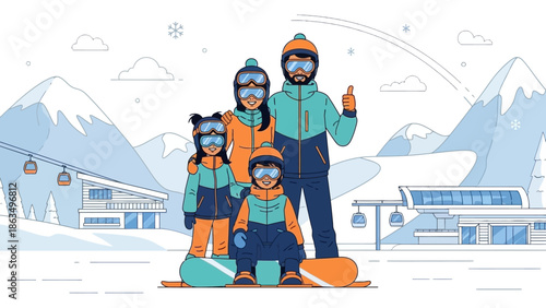 Family in winter gear posing together in snowy mountains, capturing a cheerful group portrait outdoors.